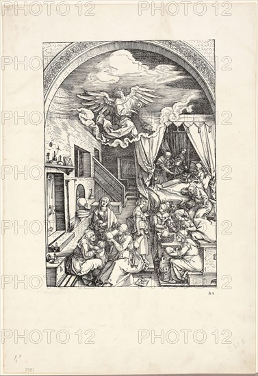 The Birth of the Virgin, from The Life of the Virgin, c. 1503–04, published 1511, Albrecht Dürer, German, 1471-1528, Germany, Woodcut in black on ivory laid paper, 299 x 208 mm (image), 449 x 308 mm (sheet)