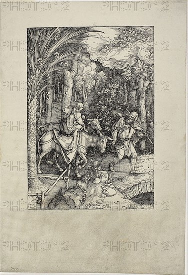 The Flight into Egypt, from the Life of the Virgin, c. 1504–05, published 1511, Albrecht Dürer, German, 1471-1528, Germany, Woodcut in black on ivory laid paper, 301 x 210 mm (image), 452 x 308 mm (sheet)