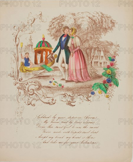 Subdued by Your Superior Charms (valentine), c. 1842, Unknown Artist, English, 19th century, England, Lithograph in brown ink with hand-coloring on cream wove paper, 225 × 187 mm (folded sheet)