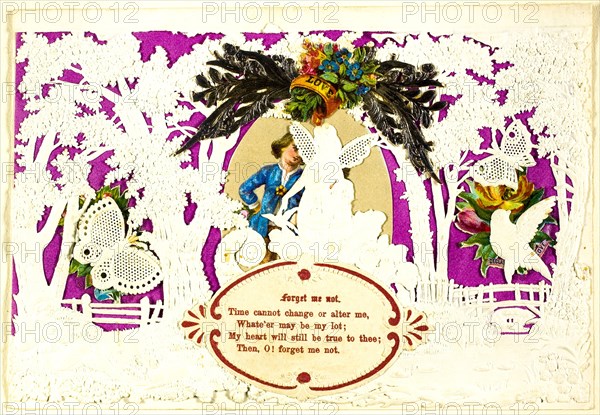 Forget Me Not (valentine), 1840/60, John Windsor, English, 19th century, England, Collaged elements on cut and embossed ivory wove paper (lace, folded), with purple wove paper insert, 92 × 140 mm (folded sheet)
