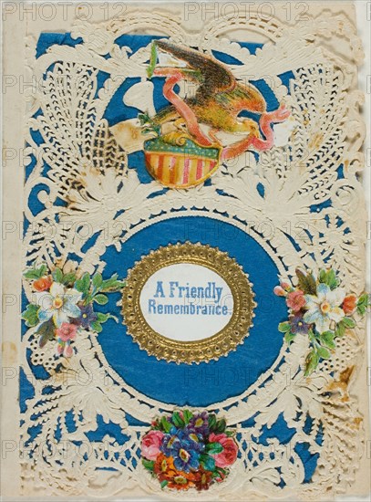 A Friendly Remembrance (valentine), n.d., Unknown Artist, American or English, 19th century, United States, Collaged elements on cut and embossed ivory wove paper (folded), with blue wove paper insert, 94 x 72 mm (folded sheet)