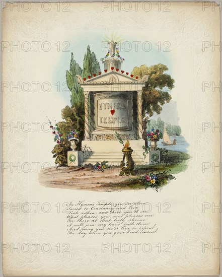 Hymen’s Temple (valentine), c. 1843, Unknown Artist, English, 19th century, England, Lithograph with hand-coloring on embossed ivory wove paper, 249 × 200 mm (folded sheet)