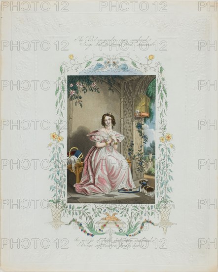 The Bird in Yonder Cage Confined (valentine), c. 1850, Unknown Artist, English, 19th century, England, Lithograph with hand-coloring on embossed off-white wove paper, 256 × 207 mm (folded sheet)