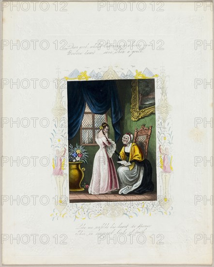 Dear Girl, Whilst Listening to a Lover’s Vows (valentine), c. 1840, Unknown Artist, English, 19th century, England, Lithograph with hand-coloring on embossed off-white wove paper, 256 × 207 mm (folded sheet)