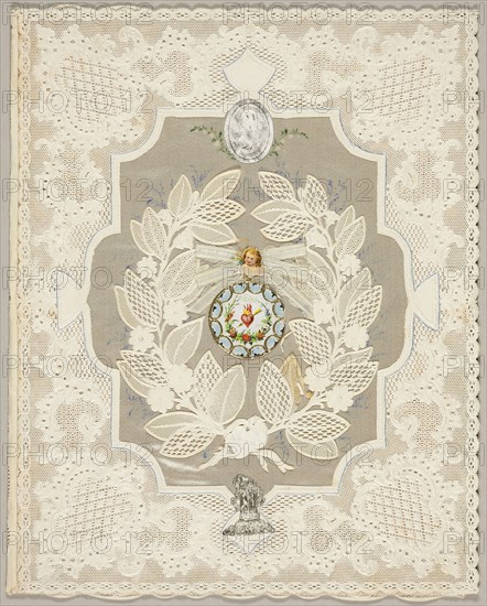 Love (Valentine), c. 1850, Unknown Artist, English, 19th century, England, Collaged elements with watercolor on cut and embossed ivory laid paper (lace, folded), with pink wove paper insert, 252 × 203 mm (folded sheet)
