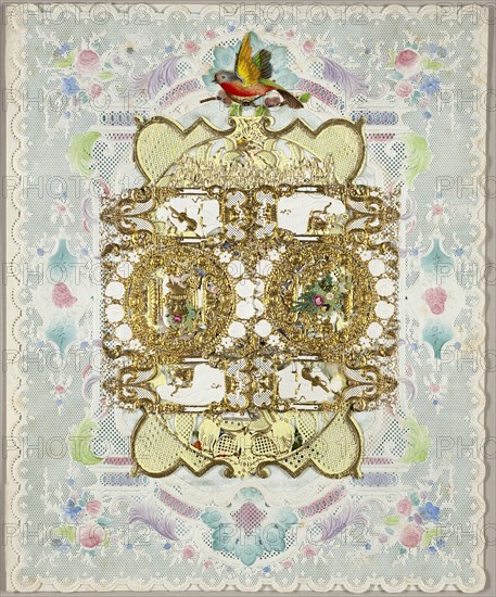 Untitled Valentine (Urn with Bird and Flowers in Wreaths of Gold Flowers), c. 1850, Unknown Artist, English, 19th century, England, Watercolor and gold paint with collaged elements on cut and embossed ivory wove paper (lace, folded) with blue wove paper insert, 247 × 203 mm (folded sheet)