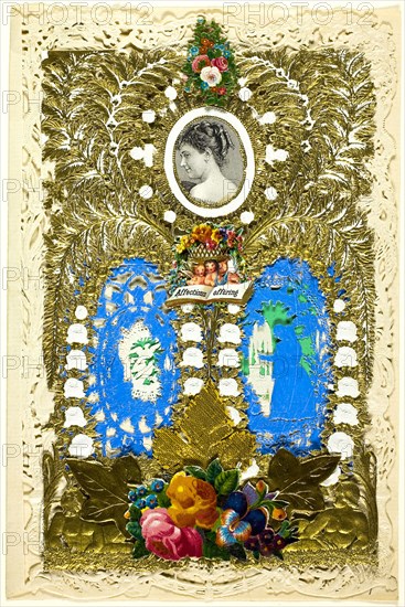 Affections Offering (Valentine), c. 1850, John Windsor, English, 19th century, England, Collaged elements and gold paint on cut and embossed (designed) ivory wove paper, tipped on four corners onto two sheets of cut and embossed (designed) ivory wove paper, one with blue paint the other with gold paint, laid down on cut and embossed (designed) ivory laid paper, 204 × 135 mm (folded sheet)