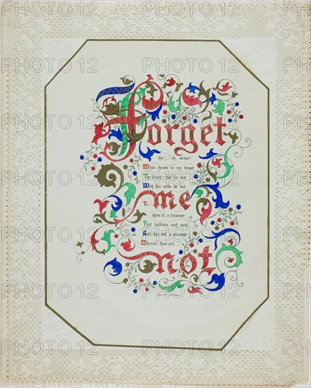Forget Me Not (valentine), n.d., Unknown Artist, English, 19th century, England, Lithograph with hand-coloring, laid down on cut embossed ivory wove paper (lace), 251 × 204 mm (folded sheet)
