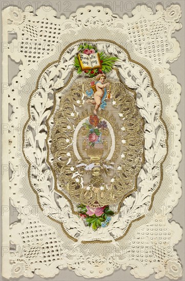 Friendship Offering (valentine), c. 1850, Unknown Artist, American or English, 19th century, United States, Collaged elements on cut and embossed ivory wove paper (lace), 200 x 132 mm (folded sheet)