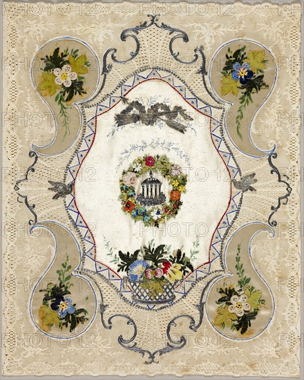 Untitled Valentine (Temple of Love in a Ring of Flowers), c. 1850, Unknown Artist, English, 19th century, England, Collaged elements with watercolor on cut and embossed cream wove paper (lace), 247 × 199 mm (folded sheet)