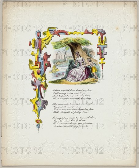 I Have Angled for a Heart My Love (valentine), c. 1840, George Kershaw, English, 19th century, England, Lithograph with hand-coloring on embossed ivory wove paper, 228 × 187 mm (folded sheet)