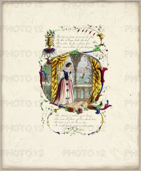 My Rest, My Peace of Mind Has Fled (Valentine), c. 1840, George Kershaw, English, 19th century, England, Lithograph with hand-coloring on embossed ivory wove paper, 231 × 191 mm (folded sheet)