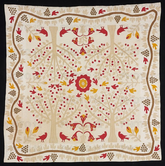 Bedcover (Cherry Trees and Robins Bride’s Quilt), 1820/50, United States, Appliquéd quilt, dyed and undyed plain weave cotton fabrics, 193.2 x 192.7 cm (76 1/8 x 75 7/8 in.)