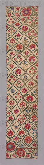 Suzani (large embroidered hanging or cover), 1825/75, Uzbekistan, Uzbekistan, Linen with design of leaf squares enclosing flower sprays., 232.7 x 51 cm (91 5/8 x 20 in.)