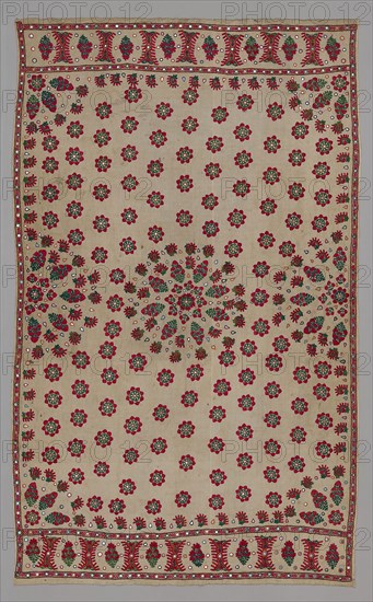 Cover, 19th century, Eastern India, India, Silk, embroidered in ladder, buttonhole stitched interlaced on herringbone and inset with tiny mirrors, 249.6 x 151.2 cm (98 1/4 x 59 1/2 in.)