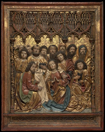The Death of the Virgin, 1486/90, Hans Klocker, Austrian, active 1474-1502, Austria, Pine with polychromy and gilding, 164.5 × 130.8 × 11.4 cm (64 3/4 × 51 1/2 × 4 1/2 in.)