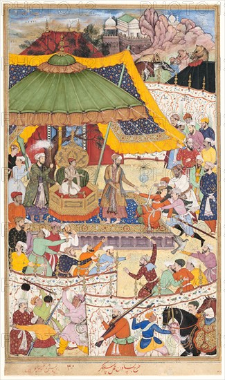 The Young Emperor Akbar Arrests the Insolent Shah Abu’l-Maali, page from a manuscript of the Akbarnama, Mughal period, c. 1590/95, India, Designed by Basawan, painted by Shankar, India, Opaque watercolor and gold on paper, Image: 32 × 19.3 cm (12 5/8 × 7 9/16 in.), Outermost border: 33 × 19.6 cm (13 × 7 11/16 in.), Page: 34.4 × 20 cm (13 1/2 × 7 7/8 in.)