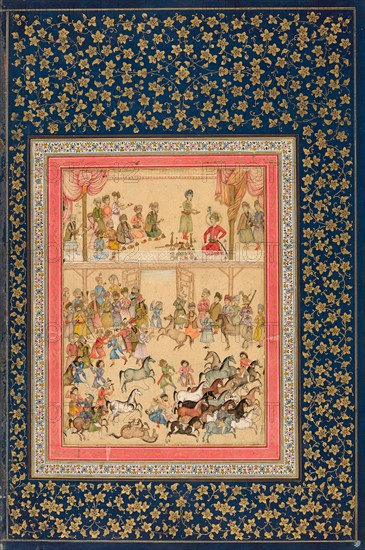 Royal Horse Inspection, Safavid dynasty (1501–1722), late 17th century, Iran, probably Isfahan, Ali Quli Jabbadar, Iran, Opaque watercolor and gold on paper, Page: 46.8 × 31.1 cm, Painting: 23.1 × 17 cm