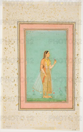 Beauty Holding a Flower, Mughal period, mid–17th century, India, India, Opaque watercolor, gold, and ink on paper, Image: 15.4 x 8.6 cm (6 1/6 x 3 3/8 in.), Outermost border: 19.1 x 12. 2 cm (7 1/2 x 4 13/16 in.), Paper: 27.6 x 17 cm ( 10 7/8 x 6 11/16 in.)