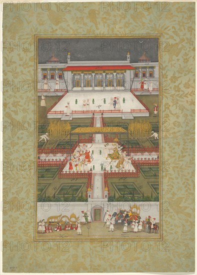 Ruler Entertained by Dancers in a Paradise Garden, late 18th century, India, Uttar Pradesh, Avadh, India, Opaque watercolor and gold on paper, Image: 30 x 12.9 cm (11 13/16 x 5 1/16 in.), Outermost Border: 26.2 x 15.4 cm (12 5/8 x 6 1/16 in. ), Paper: 32 x 21.9 cm (12 5/8 x 8 9/16 in.)