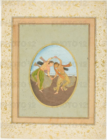 Two Girls Performing Kathak, 18th century, India, India, Opaque watercolor and gold on paper, Image: 14 x 10.7 cm (5 1/2 x 4 1/4 in.), Outermost border: 24.6 x 19.2 cm (9 3/4 x 7 1/2 in.), Paper: 31.6 x 24 cm (12 1/2 x 9 1/2)
