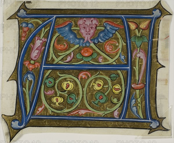 Decorated Initial A with Grotesque and Flora from a Choir Book, 15th century, French, France, Manuscript cutting in tempera and gold leaf on vellum, 94 × 113 mm