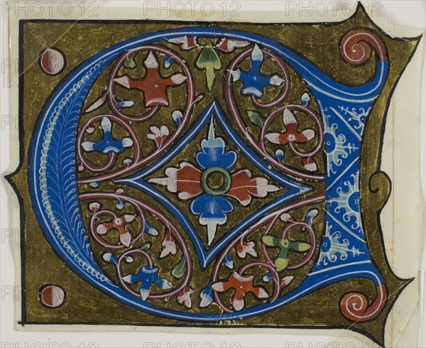 Decorated Initial D with Leaves and Two Balls from a Choir Book, 15th century, French, France, Manuscript cutting in tempera and gold leaf on vellum, 89 × 107 mm