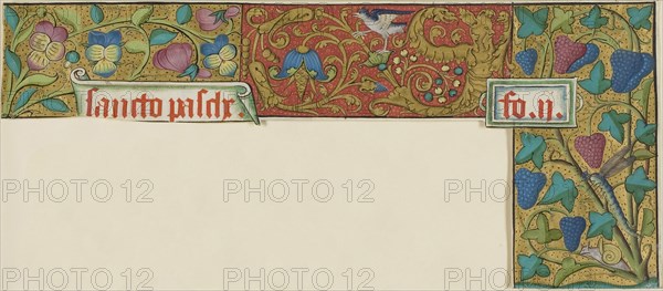 Illuminated Border with Snail, Insect, Bird, Grotesques and Flowers from a Manuscript, 15th or early 16th century, French, France, Manuscript cutting in tempera and gold leaf, with Latin inscriptions in gothic in red ink, on vellum, 139 × 318 mm