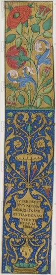 Illuminated Border with Flora and Grotesques from a Manuscript, 15th or early 16th century, French, France, Manuscript cutting in tempera and gold leaf, with Latin inscription in humanistic script in black ink, on vellum, 342 × 65 mm