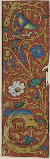Illuminated Border with Grotesques and Flora from a Manuscript, 15th or early 16th century, French, France, Manuscript cutting in tempera and gold leaf on vellum, 181 × 57 mm