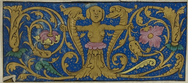 Illuminated Border with Grotesques and Flora from a Manuscript, 15th or early 16th century, French, France, Manuscript cutting in tempera and gold leaf on vellum, 58 × 129 mm