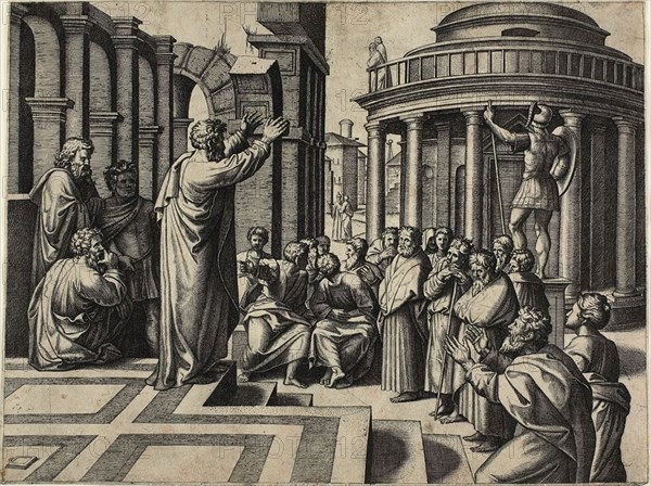 Saint Paul Preaching at Athens, 1517/20, Marcantonio Raimondi (Italian, c. 1480-1534), after Raphael (Raffaello Sanzio) (Italian, 1483-1520), Italy, Engraving in black on cream laid paper, 269 x 356 mm (image/sheet, trimmed within plate mark)