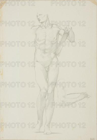 Standing Male with Tablet, separate sketch of right arm, c. 1873–77, Sir Edward Burne-Jones, English, 1833-1898, England, Graphite on ivory wove paper, 253 × 178 mm
