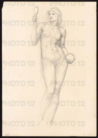 Nude Female Figure with Mirror in Right Hand, c. 1873–77, Sir Edward Burne-Jones, English, 1833-1898, England, Graphite on ivory wove paper, 253 × 178 mm