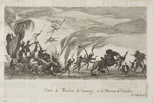 Entry of M. de Couvonage and M. de Chalabre, from The Combat at the Barrier, 1627, Jacques Callot, French, 1592-1635, France, Etching in black on ivory laid paper, 154 × 243 mm (plate), 174 × 259 mm (sheet)