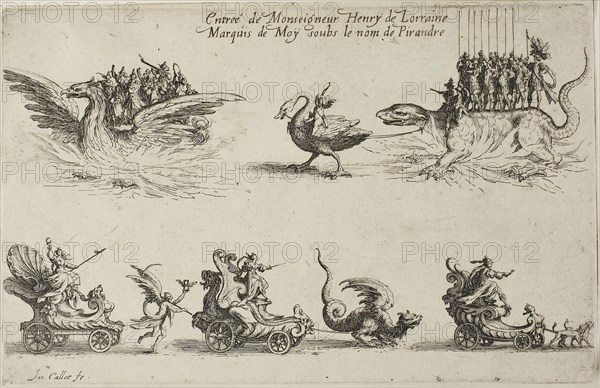 Entry of Monseigneur Henry de Lorraine, Marquis de Moy, under the Name of Pirandre, from The Combat at the Barrier, 1627, Jacques Callot, French, 1592-1635, France, Etching on paper, 154 × 242 mm (plate)