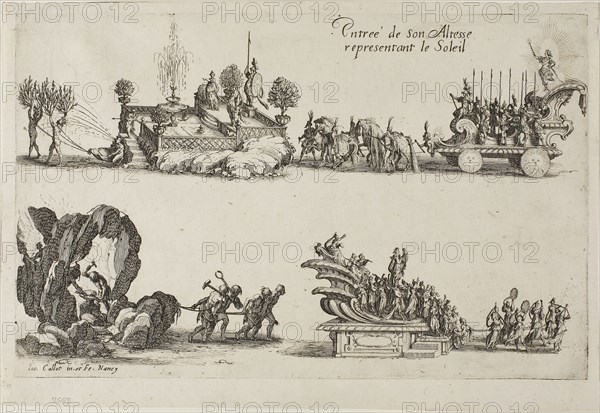 Entry of His Highness, Representing the Sun, from The Combat at the Barrier, 1627, Jacques Callot, French, 1592-1635, France, Etching in black on ivory laid paper, 155 × 242 mm (plate), 172 × 252 mm (sheet)