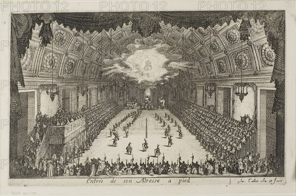 Entry of His Highness on Foot, from The Combat at the Barrier, 1627, Jacques Callot, French, 1592-1635, France, Etching on paper, 153 × 244 mm (plate), 167 × 259 mm (sheet)
