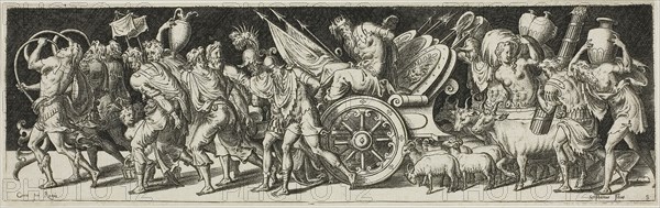 Triumphal March, from Combats and Triumphs, 1550/1572, Etienne Delaune, French, c. 1519-1583, France, Engraving on paper, 70 × 223 mm