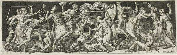 Grotesque Battle, from Combats and Triumphs, 1561/72, Etienne Delaune, French, c. 1519-1583, France, Engraving in black on ivory paper, 71 × 223 mm