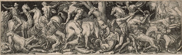 Combat of Men and Animals, 1550/1572, Etienne Delaune, French, c. 1519-1583, France, Engraving on paper, 68 × 220 mm