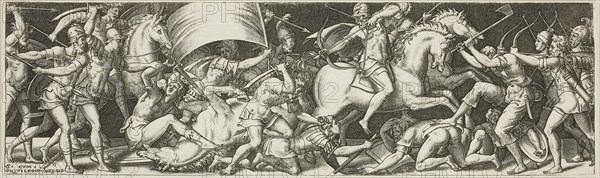Battle of Cavaliers and Infantrymen, 1550/1572, Etienne Delaune, French, c. 1519-1583, France, Engraving on paper, 66 × 220 mm (image/sheet, cut within platemark)
