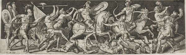 Cavalry and Footsoldiers, 1550/1572, Etienne Delaune, French, c. 1519-1583, France, Engraving on paper, 65 × 219 mm