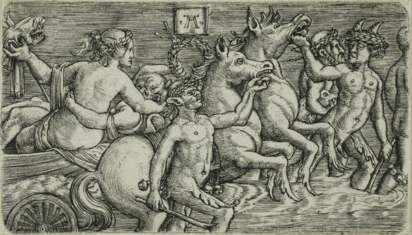 The Triumph of the Sea-Gods, 1520/25, Albrecht Altdorfer (German, c. 1480-1538), after Peregrino da Casena (Italian, active c. 1490-1520), Germany, Engraving in black on ivory laid paper, 46 x 81 mm (image/plate/sheet)