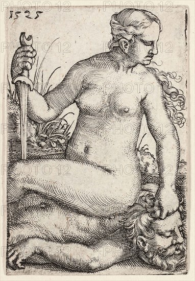 Judith, 1525, Barthel Beham, German, 1502-1540, Germany, Engraving in black on ivory laid paper, 54 x 36 mm (image/plate/sheet)