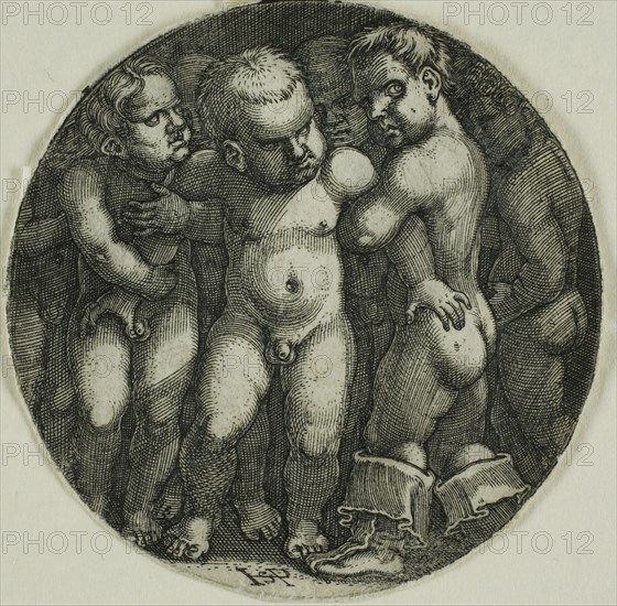 Eight Nude Boys, 1520/50, Sebald Beham, German, 1500-1550, Germany, Engraving in black on ivory laid paper, 53 x 53 mm (image/sheet, trimmed to plate mark)