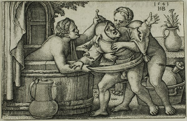 Buffoon and Two Bathing Women, 1541, Sebald Beham, German, 1500-1550, Germany, Engraving in black on ivory laid paper, 44 x 69 mm (image/sheet, trimmed to plate mark)