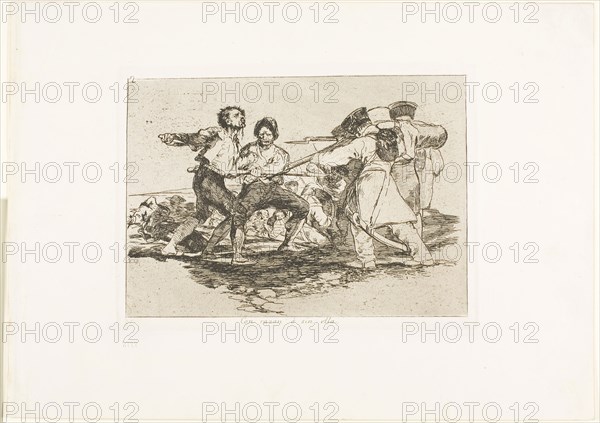 Rightly or wrongly, plate two from The Disasters of War, 1812/15, published 1863, Francisco José de Goya y Lucientes, Spanish, 1746-1828, Spain, Etching, lavis, burin, drypoint, and burnishing on ivory wove paper with gilt edges, 139 x 196 mm (image), 152 x 206 mm (plate), 240 x 337 mm (sheet)