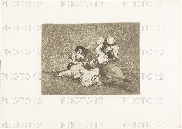 The Women Give Courage, plate four from The Disasters of War, 1810/15, published 1863, Francisco José de Goya y Lucientes, Spanish, 1746-1828, Spain, Etching, burnished aquatint, drypoint, lavis on ivory wove paper with gilt edges, 136 x 185 mm (image), 153 x 205 mm (plate), 240 x 337 mm (sheet)