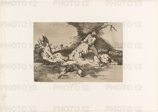 They Make Use of Them, plate 16 from The Disasters of War, 1810/12, published 1863, Francisco José de Goya y Lucientes, Spanish, 1746-1828, Spain, Etching, lavis, drypoint, burin, and burnishing on ivory wove paper with gilt edges, 132 x 196 mm (image), 160 x 234 mm (plate), 240 x 340 mm (sheet)